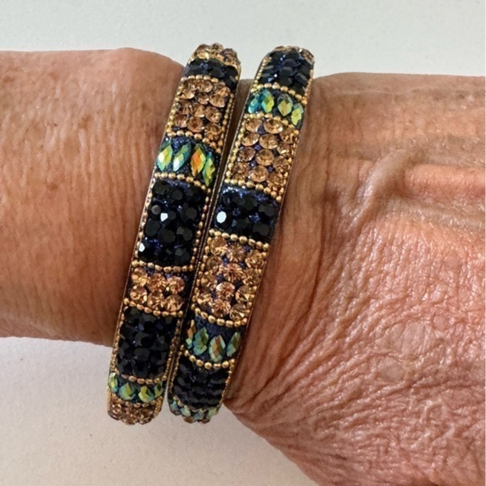 Anthropologie Gold sapphire Blue Crystal Rhinestone Beaded Boho Bangle Bracelets